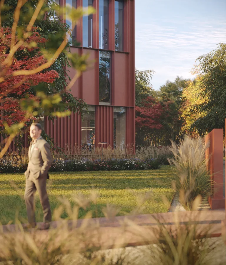 Vista esterni giardino dettaglio palazzina a vetrate testi223 milano bicocca - Testi 223